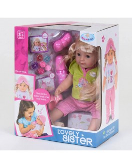 Лялька функціональна Улюблена сестричка в рожевих шортах і салатовій футболці 7 функцій, з аксесуарами, пляшечка (WZJ 016-2)