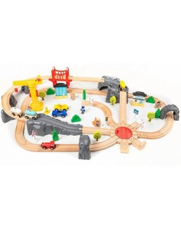 Дерев'яна залізниця Kabi 80 елементів, потяг, 2 вагони, 2 машинки, ігрові фігурки, будівлі, декорації (C 46265)