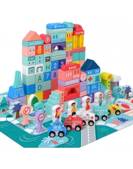 Дерев'яний конструктор Містечко 108 деталей, фігурки, пазли, ігрове поле, чохол, сортер, у відрі (С 65448)