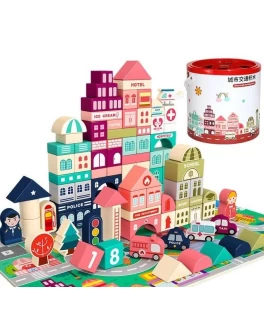 Дерев'яний конструктор Містечко 100 деталей, фігурки, пазли, ігрове поле, чохол, сортер, у відрі (С 65454)