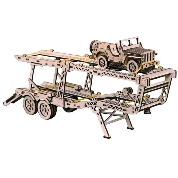 Механический 3D пазл Прицеп-автовоз с джипом (дополнение к Биг Риг), Wood Trick - WT 4820195190272