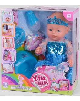 Пупс функціональний в блакитній сукні Yale baby BL 037 M (їсть, п'є, ходить на горщик)